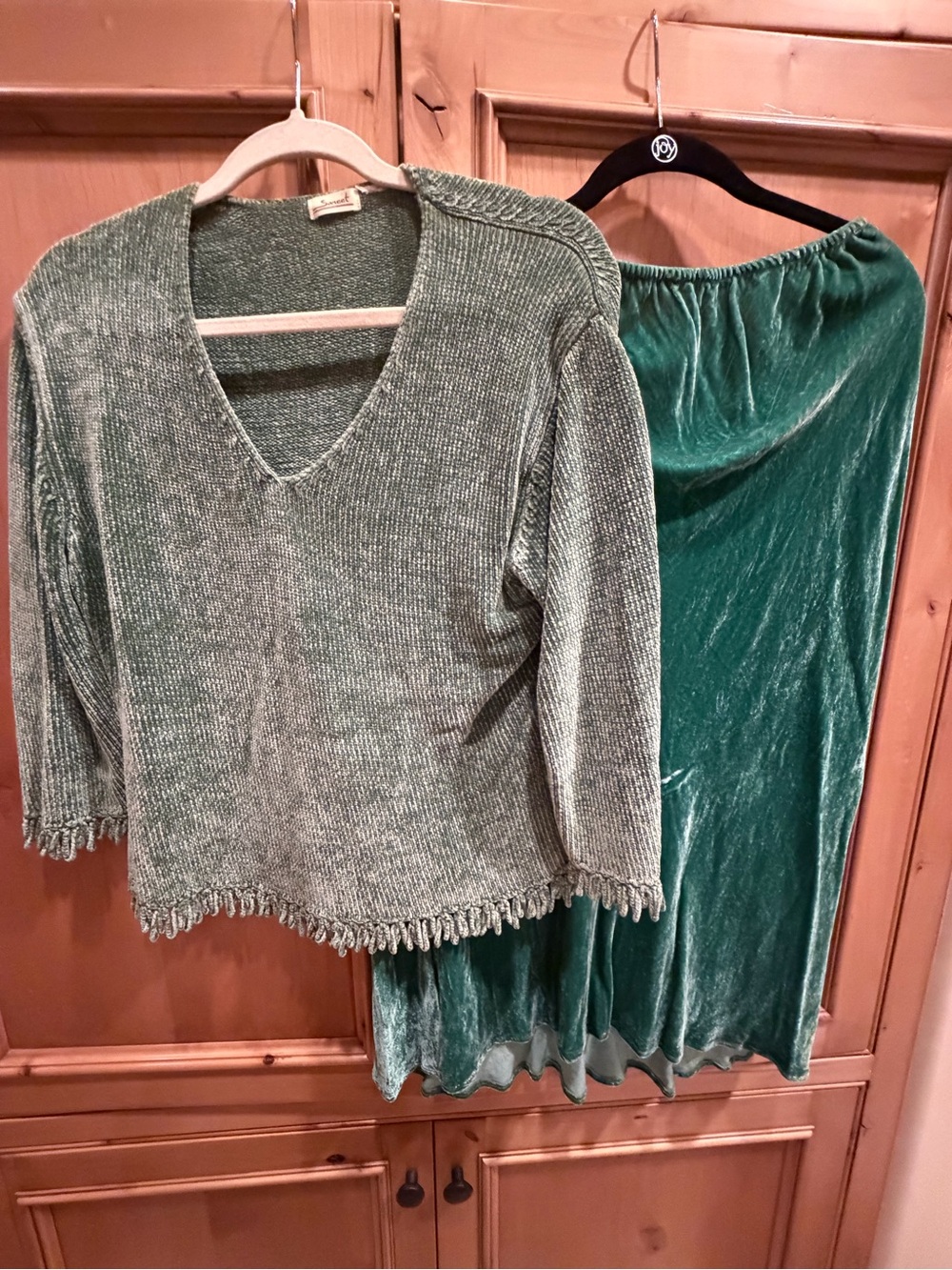Green Velvet Skirt and matching Knit Top Set
